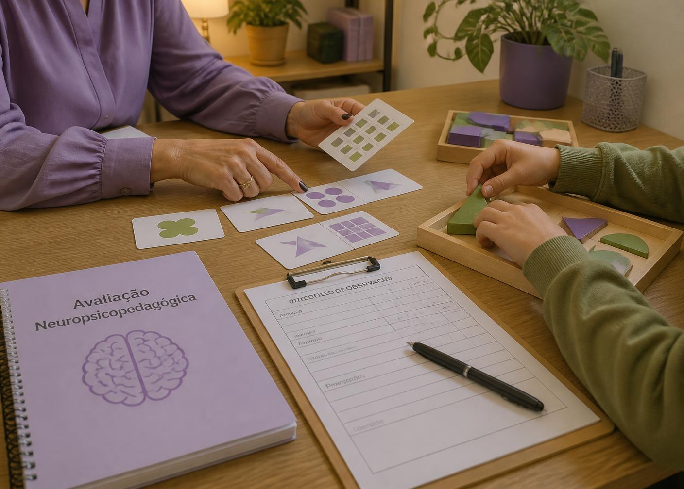 Mesa de atendimento com materiais de avaliação neuropsicopedagógica, cartões e blocos coloridos